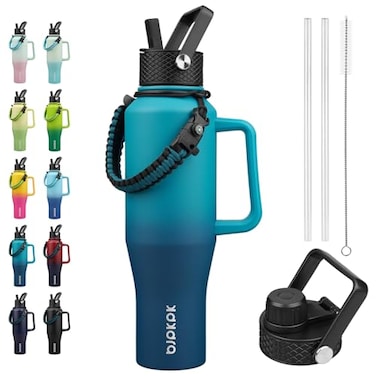 BJPKPK Insulated Water Bottles with Straw Lid 40oz Metal Water Bottle with 2 lids Paracord Strap Double Wall Stainless Steel Tumbler with Handle Reusable Cups Mugs Thermo Sea