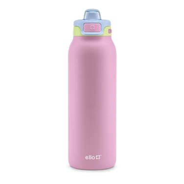 Ello Pop Fill 32oz Stainless Steel Water Bottle with Quick Fill Technology Double Walled and Vacuum Insulated Metal Leak Proof Locking Lid Sip and Chug Reusable BPA Free Rosy Skyline