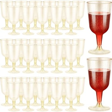Meanplan 100 Pcs Plastic Wine Glasses with Stem 6oz Plastic Wine Cups for Parties Disposable Stackable Wedding PicnicsGlitter StyleGold