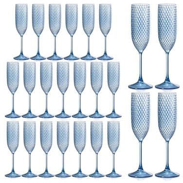 SKLENICE 24 Pack Plastic Champagne Flutes Vintage Light Blue Goblet Champagne Glasses Unbreakable Wedding Toasting Glasses Diamond Wine Glasses Crystal Wine Cups Clear Drinking Glasses 55 OZ for Brida
