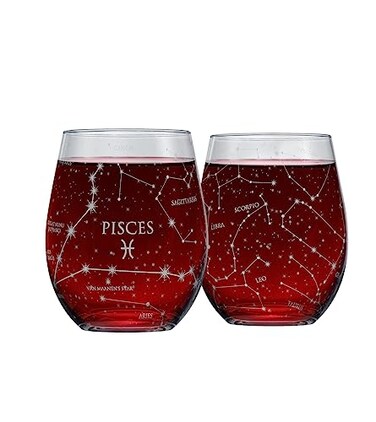 Greenline Goods Pisces Stemless Wine Glasses Zodiac Pisces Set Hand Etched 15 oz Set of 2 Astrology Sign Glassware