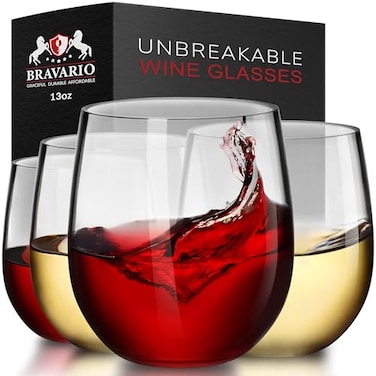 Bravario Unbreakable Stemless Plastic Wine Glasses Reusable Shatterproof 100 Tritan Plastic DishwasherSafe BPAfree Awesome for Indoor Outdoor 13 oz Set of 4
