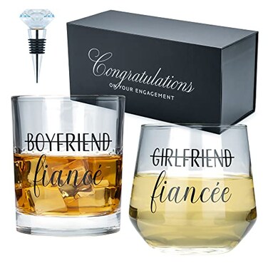 Newlywoo Engagement Gifts for Couples Unique Fiance Gift for Him or Her Whiskey Wine Glasses with Diamond Wine Stopper