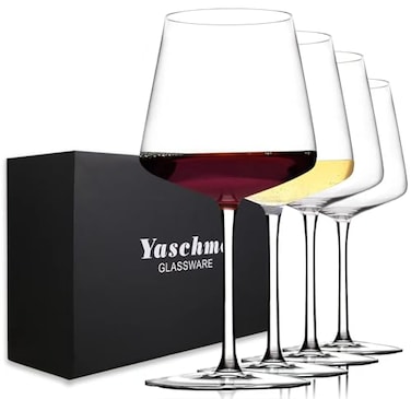 Yaschmo Wine Glasses Set of 4 Hand Blown Crystal 18 oz Modern Glasses with Tall Stem for Red White Wine Great Gift Packaging for Daily UseUnique Wedding Anniversary or Birthday Gift