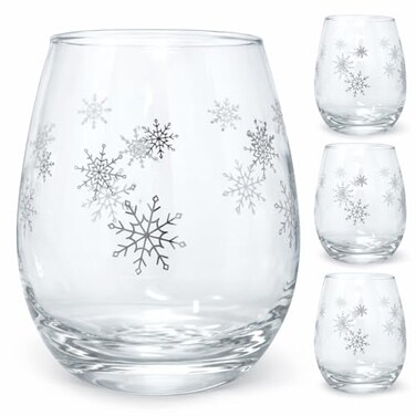 BANBERRY DESIGNS Stemless Wine Glasses Snowflake Wine Glass Set of 4 Winter Holiday Glasses with Silver Snowflake Design 20 oz Capacity