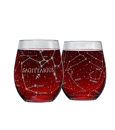 Greenline Goods Sagittarius Stemless Wine Glasses Zodiac Sagittarius Set Hand Etched 15 oz Set of 2 Astrology Sign Glassware