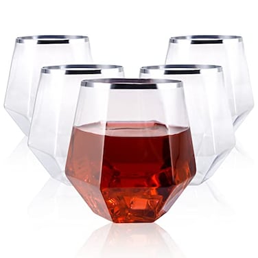 LUODA 32 Pack Silver Plastic Wine Glasses12 Oz Disposable Whiskey Glasses Silver Stemless Diamond Shaped Wine Glasses For Serving Wine Cocktail WhiskeyWedding