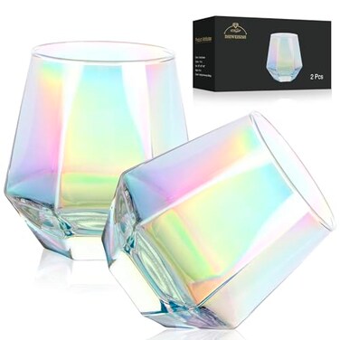 DIEWEISIMI Wine Glasses Set of 2 Diamond Stemless Wine Glasses Iridescent Glassware