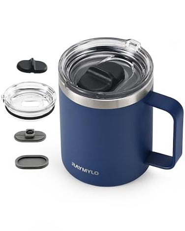 RAYMYLO Insulated Coffee Mug 12 oz SpillProof Detachable Slider Lid for Thorough Clean Double Wall Stainless Steel Coffee Mug with Lids Handle Cold for 9 Hrs Suitable for Camp Home Office