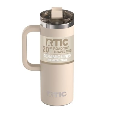 RTIC 20oz Road Trip Travel Mug with Lid and Handle Ceramic Lined Insulated Stainless Steel Metal Double Wall VacuumInsulation Portable Coffee Tea Cup for Hot and Cold Drink Beach