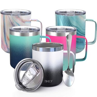 THILY Stainless Steel Insulated Travel Mug 12 oz Vacuum Insulated Coffee Cup with Handle Spillproof Lid Keep Coffee Cold or Hot Black White
