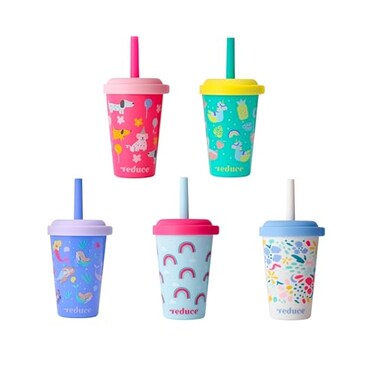 REDUCE GoGos Kids Portable Tumbler Cups with Lids and SpillProof Straws 5 Pack of Stackable 12 oz Tumblers with TwistOn Lids Easy Storage Dishwasher Safe Serendipity Set