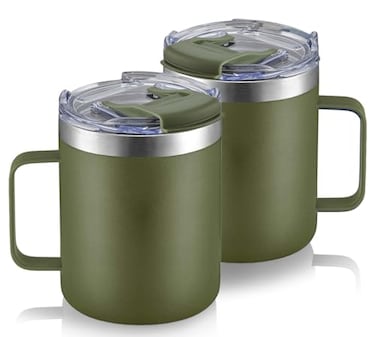 ALOUFEA 12oz Stainless Steel Insulated Coffee Mug with Handle Double Wall Vacuum Tumbler Cup with Fliping Lid Army Green 2 Pack