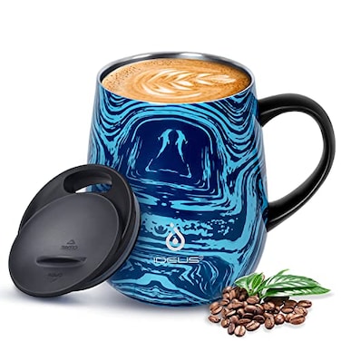 Ideus 16 oz Insulated Coffee Mug with Handle and Lid Double Wall Stainless Steel Vacuum Thermal Coffee Mug Travel Coffee Cup Thermal Cup for Home and Office Blue Zebra