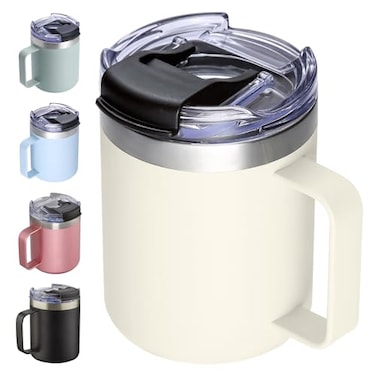 ALOUFEA 12oz Insulated Coffee Mug Cup with Handle Stainless Steel Travel Coffee Mug with Flip Lid Double Wall Vacuum Coffee Tumbler Cream