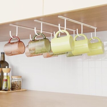 Luckinow 3 Pack Mug Hooks Under Cabinet Coffee Mug Holder for Hanging Under Shelf Cup Hanger with 9 Hooks for Displaying Mugs Coffee Cups and Kitchen Utensils White