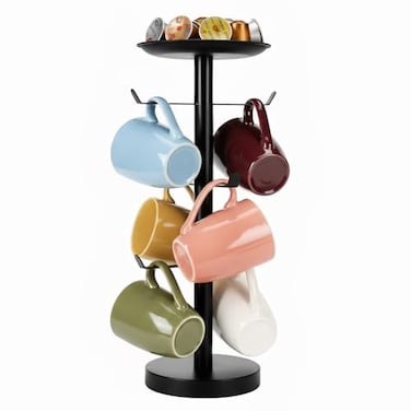 Priseen Coffee Mug Tree Cup Holder for 6 Cups with Tray for Phone Tissues or Capsule Black