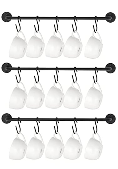 Mkono Mug Holder Wall Mounted Coffee Cup Rack Hanger Modern Metal Wall Rack with 15 Mug Hooks Rustic Utensil Tea Cups Storage Organizer for Kitchen Dining Room Coffee Bar Set of 3 Black