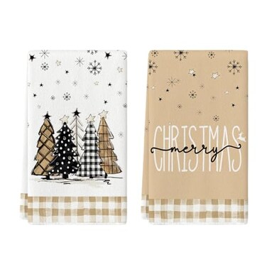 Artoid Mode Brown Buffalo Plaid Xmas Tree Merry Christmas Kitchen Towels Dish Towels 18x26 Inch Snowflakes Winter Decoration Hand Towels Set of 2
