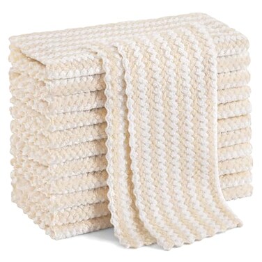 Homaxy 12 Pack Kitchen Dish Cloths Ultra Soft and Absorbent Dish Towels Reusable Fast Drying Microfiber Cleaning Cloth Coral Velvet Wave Design Nolint 10 x 10 inches Beige