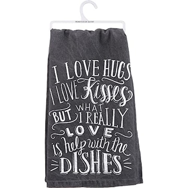 Primitives by Kathy I Love Hugs I Love Kisses Decorative Kitchen Towel WhiteBlack 28 Square