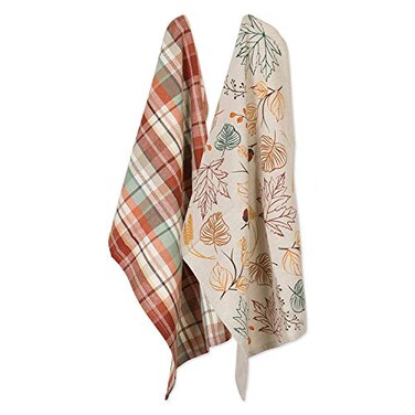DII Fall Basics Kitchen Dishtowel Collection Printed Plaid Fall Dish Towel Set 18x28 Autumn Leaves 2 Count