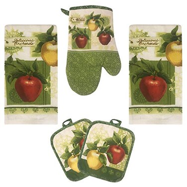 Lobyn Value Packs Apple Orchards Kitchen Towel 5 Piece Linen Set 2 Towels 2 Pot Holders 1 Oven Mitt