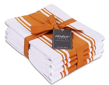 AMOUR INFINI Kitchen Towels 100 Cotton Pack of 4 Highly Absorbent Quick Drying Premium Striped Dish Towel for Kitchen with Hanging Loop Hand Tea Towels Orange