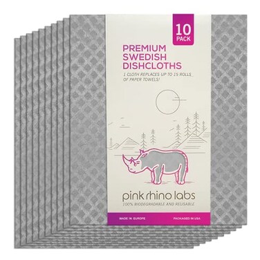 PINK RHINO LABS Swedish Dishcloths EcoFriendly Reusable Kitchen Towels 10 Pack Cleaning Cloths for Dishes Counters Surfaces Super Absorbent Compostable ZeroWaste Alternative