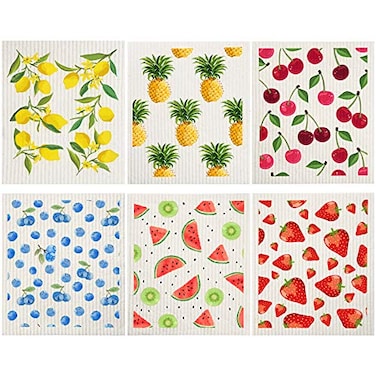 Patelai Mixed Fruit Swedish Kitchen Dishcloths Reusable Dish Towels Absorbent and Fast Dry Cleaning Cloths for Kitchen Blueberry Cherry Strawberry Lemon Pineapple Watermelon Cleaning Wipes 6 Count