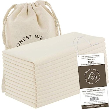 HONEST WEAVE GOTS Certified 100 Organic Flour Sack Cotton Kitchen Hand and Dish Towel Sets Extra Large 27x27 inches Fully Hemmed 12Pack Natural Tan