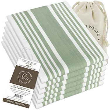 HONEST WEAVE GOTS Cotton Kitchen Hand and Dish Towel Sets Oversized 20x30 inches Fully Hemmed in Designer Colors 6Pack Sage Stripe
