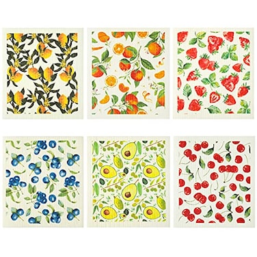 Patelai 6 Pcs Mixed Fruit Swedish Kitchen Dishcloths Reusable Dish Towels Absorbent and Quickly Dry Cleaning Cloths for Kitchen Lemon Orange Strawberry Blueberry Cherry Avocado Cleaning Wipes