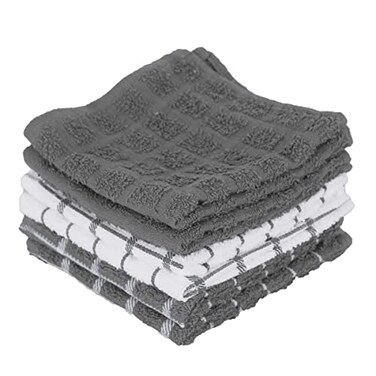 Ritz Terry Check Dish Cloth Set Highly Absorbent Super Soft 100 Cotton Durable Kitchen Cleaning Cloths for Wiping Tables and Counters 6Pack Gray