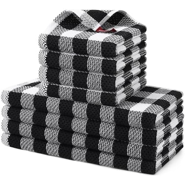homing Buffalo Plaid Kitchen Towels and Dishcloths Set 12 x 12 and 13 x 28 Set of 8 Bulk Cotton Waffle Weave Dish Towels Super Soft Absorbent Hand Towels for Kitchen Black White