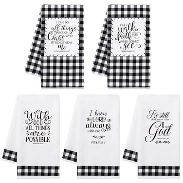 R HORSE 5Pcs Religious Christian Kitchen Dish Towel Black and White Check Cleaning Dishcloth Bible Verse Scripture Absorbent Bar Hand Towel Easter Gift for Women Men Housewarming Decor