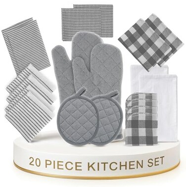 LANE LINEN Kitchen Towels and Oven Mitt Set 20 Pc Lint Free Cotton Dish Towels for Kitchen Drying Cozy Terry Dish Rags Flour Sack Towels for Sourdough Bread Proofing Quilted Pot Holders Grey