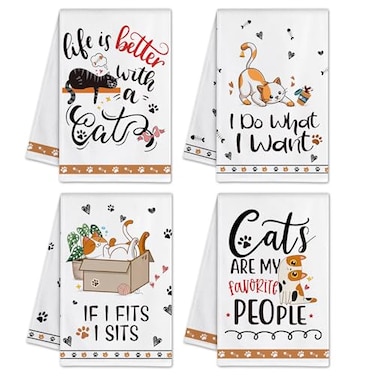 Hexagram Cat Kitchen Towels Set of 4 Cat Lover Gifts for Women Funny Cute Housewarming Dish Hand Towels for Home Kitchen Decor