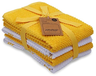 AMOUR INFINI Kitchen Towels Pack of 4 Absorbent Quick Drying Premium Cotton Tea Towel Kitchen Linens 16x28 Inch Dish Towels with Hanging Loop Yellow