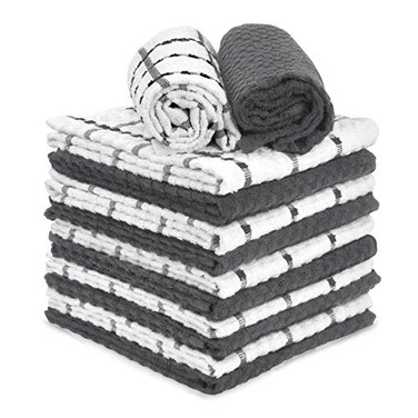 TALVANIA Gray White Kitchen Dish Towels 100 Cotton Dobby Weave Terry Towel Set 12 Grey Soft Absorbent Dish Cloth for Hand and All Kitchen Cleaning 15 X 25 Machine Washable Charcoal