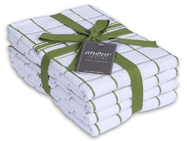 AMOUR INFINI Terry Cotton Kitchen Towels 4Pack Large 18 x 28 Inch Absorbent Soft Dish Towel with Hanging Loop Washable Ideal for Cleaning Drying Green