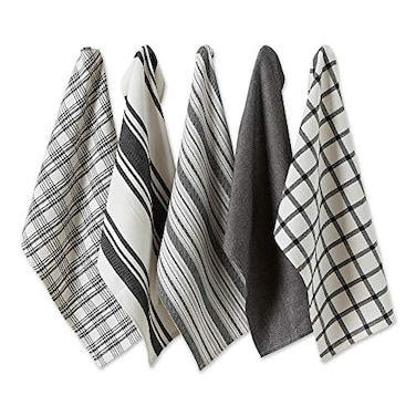 DII Assorted Woven Kitchen Dishtowel Set 18x28 Black 5 Piece