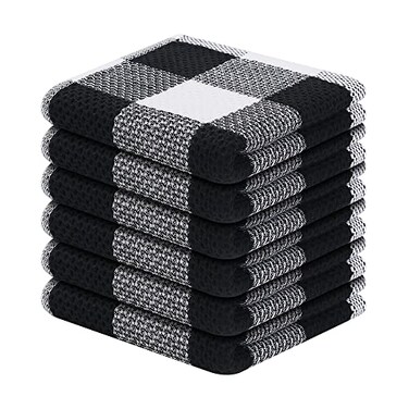 Homaxy 100 Cotton Waffle Weave Check Plaid Dish Cloths 12 x 12 Inches Super Soft and Absorbent Dish Towels Quick Drying Dish Rags 6Pack White Black
