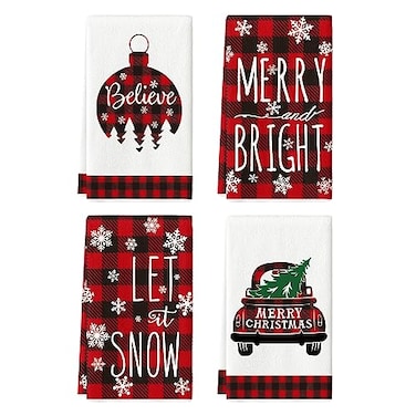 Artoid Mode Buffalo Plaid Tree Christmas Kitchen and Dish Towels 18 x 26 Inch Ornament Car Winter Holiday Ultra Absorbent Drying Cloth Tea Towels Set of 4