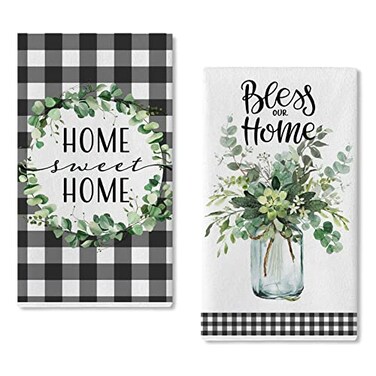 Seliem Summer Eucalyptus Greenery Kitchen Dish Towel Set of 2 Buffalo Plaid Check Absorbent Hand Drying Baking Cooking Cloth Spring Seasonal Farmhouse Decor Bless Our Sweet Home Decorations 18 x 26