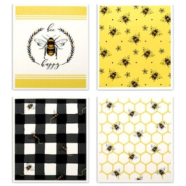 Whaline 4 Pack Bees Dishcloths Swedish Towels for Kitchen Reusable Bee Print Cotton Absorbent Cleaning Cloth Spring Summer Seasonal Washable Hand Towel Decoration for Kitchen Home Bathroom Office