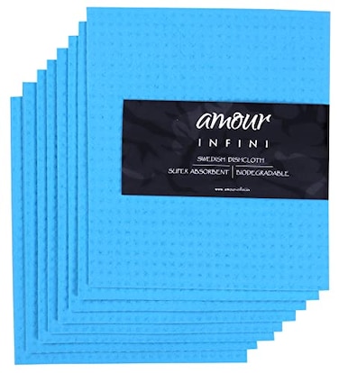 AMOUR INFINI Swedish Dishcloth Cellulose Sponge 8 Pack No Odor Resuable and Absorbent Cleaning Cloths for Kitchen Bathroom Glass Surface Furniture 8x7 Inch Blue