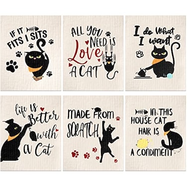 Hoolerry 6 Pcs Funny Black Cat Swedish Kitchen Dishcloths Reusable Sponge Swedish Cleaning Cloths Washable Dish Cloths Absorbent Christmas Decorative Kitchen Towels Housewarming Gift for Bathroom