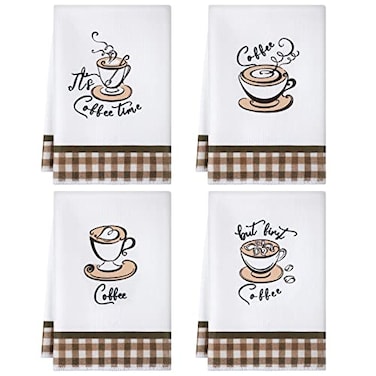 Ferraycle 4 Pieces Kitchen Dish Cloths Coffee Kitchen Hand Towels Absorbent Tea Towels 24 x 16 Inches Cafe Lover Gift Bar Decorative Dish Cloths Rags for FarmhouseMainly WhiteCup Pattern
