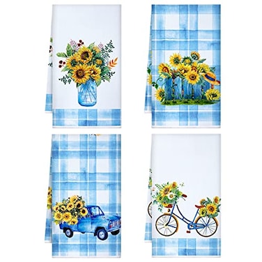 Tegeme 4 Pcs Sunflower Kitchen Towels Sunflower Gnome Dish Towels Sunshine Nautical Kitchen Hand Tea Cloths Housewarming Gift for Home 16 x 24BlueRomantic